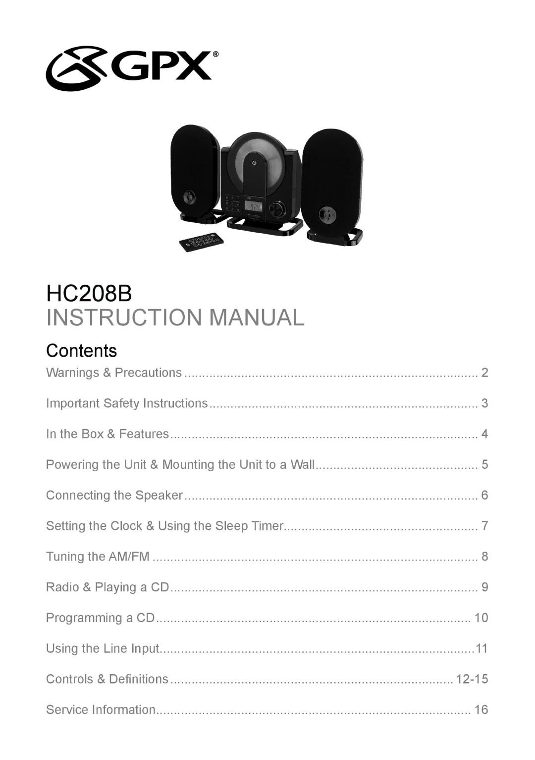 GPX HC208B instruction manual Contents 