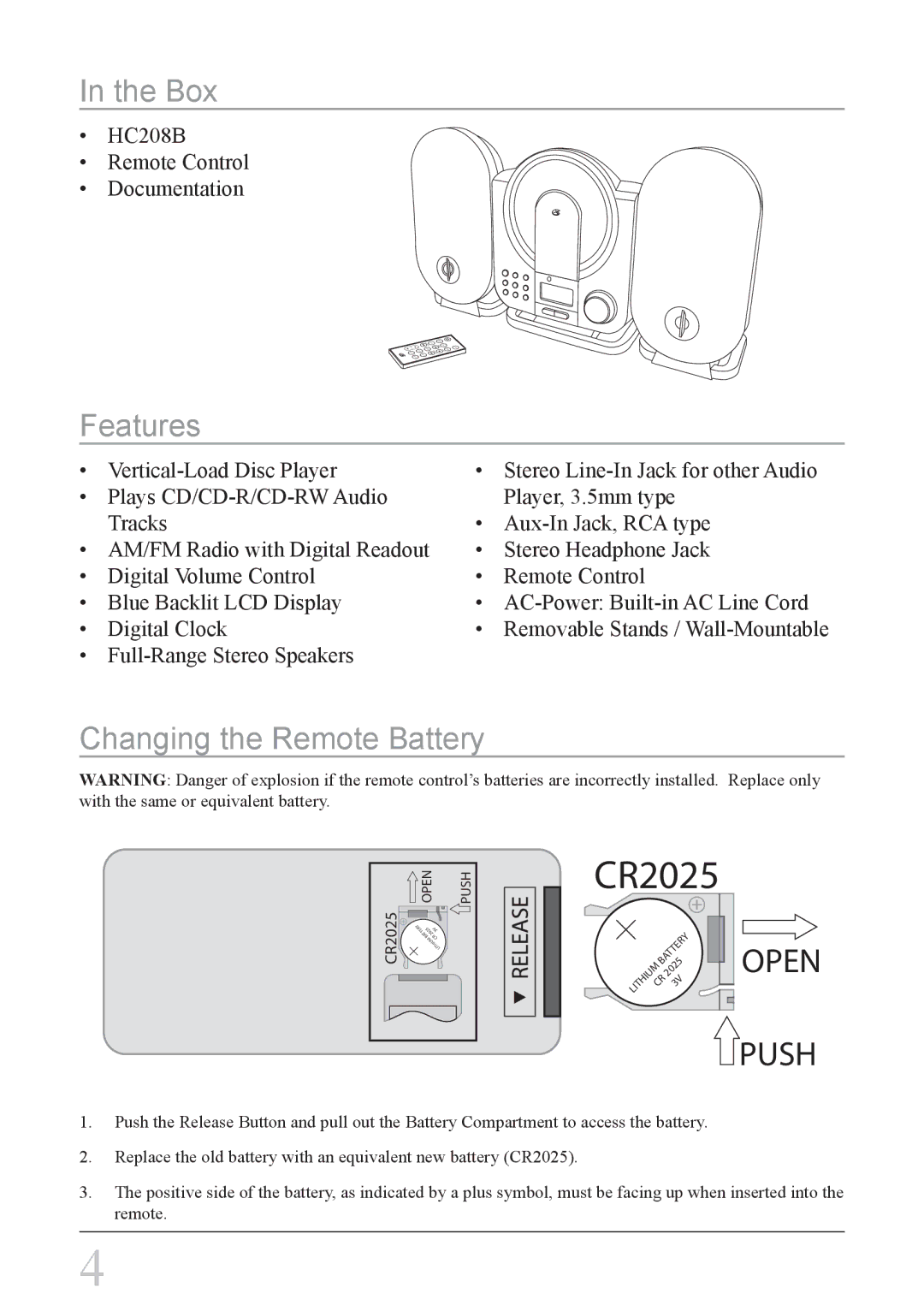 GPX HC208B instruction manual Box, Features, Changing the Remote Battery 