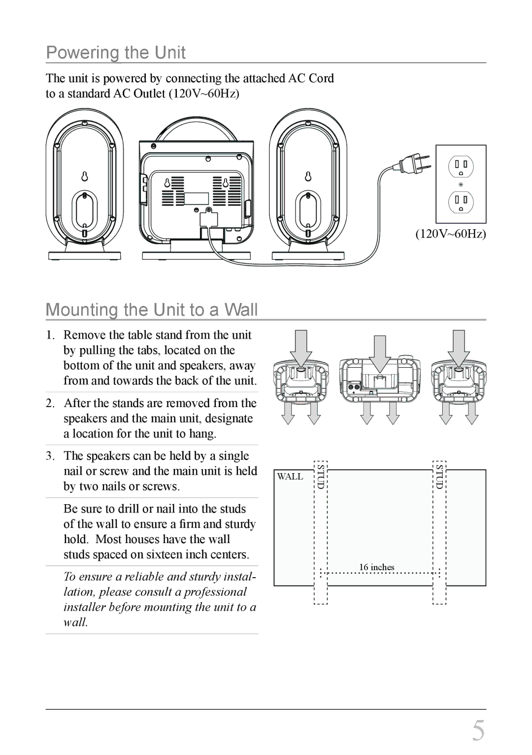 GPX HC208B instruction manual Powering the Unit, Mounting the Unit to a Wall 