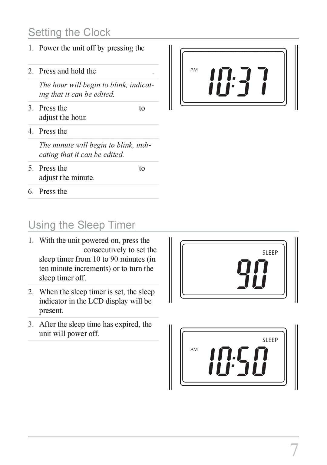 GPX HC208B instruction manual Setting the Clock, Using the Sleep Timer 