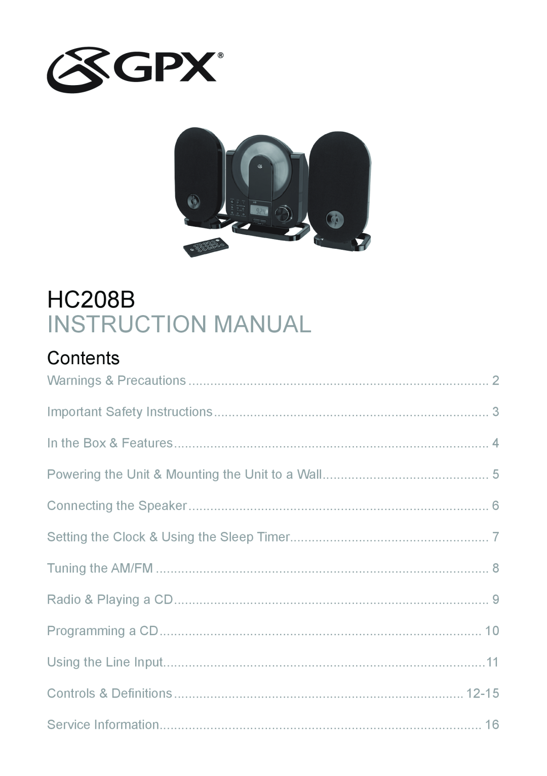 GPX HC208B instruction manual Contents, 12-15 