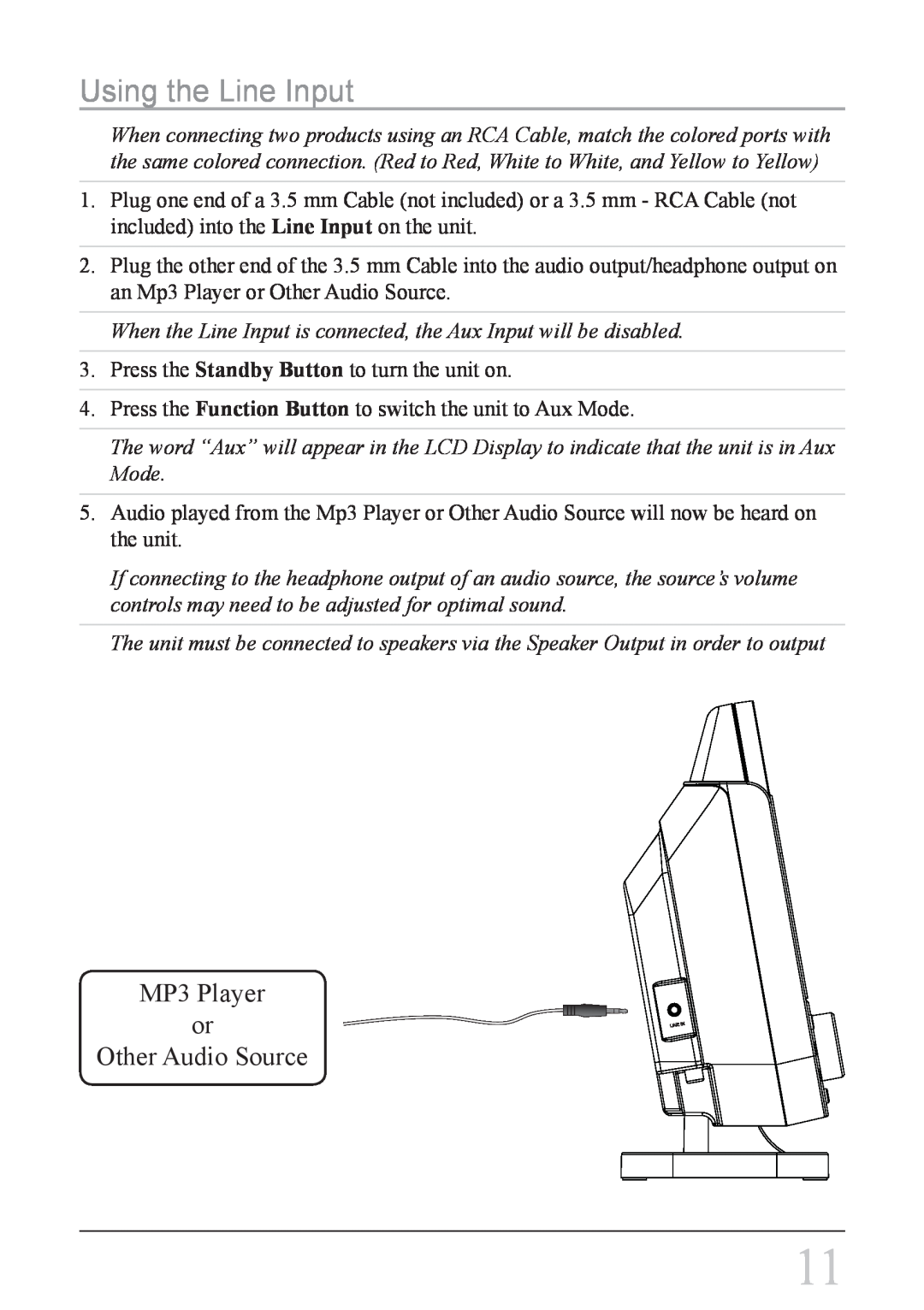 GPX HC208B instruction manual Using the Line Input, MP3 Player or Other Audio Source 