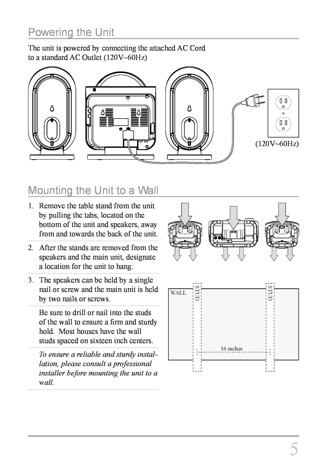 GPX HC208B instruction manual Powering the Unit, Mounting the Unit to a Wall 