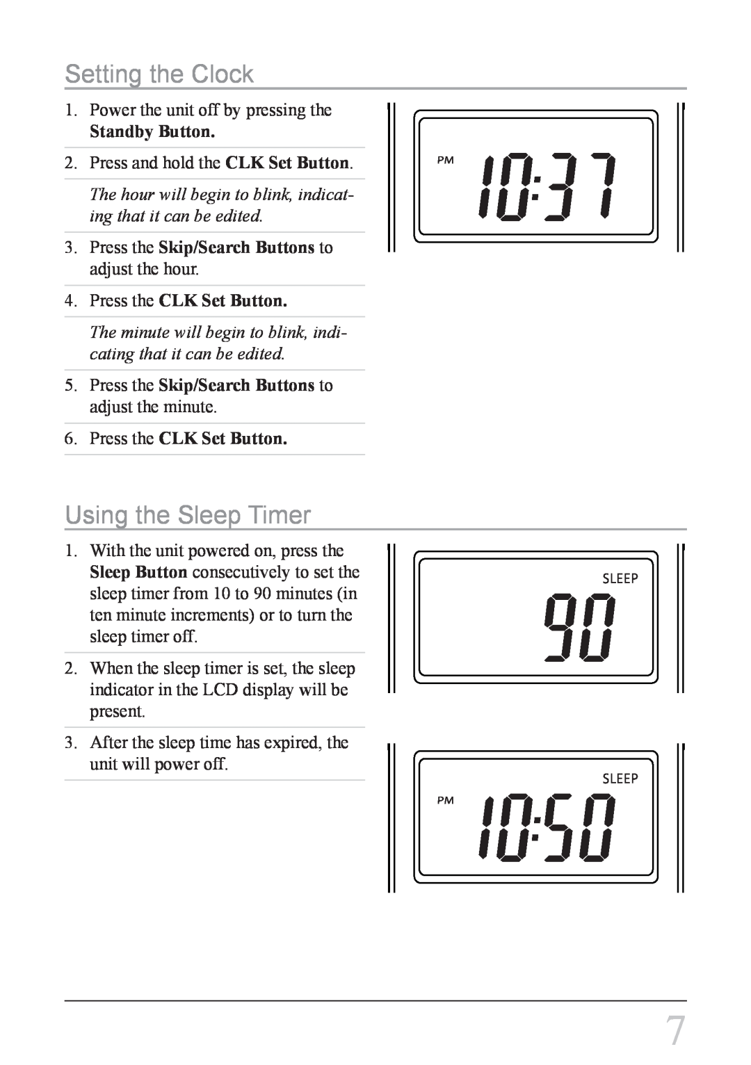 GPX HC208B instruction manual Setting the Clock, Using the Sleep Timer, Standby Button, Press the CLK Set Button 
