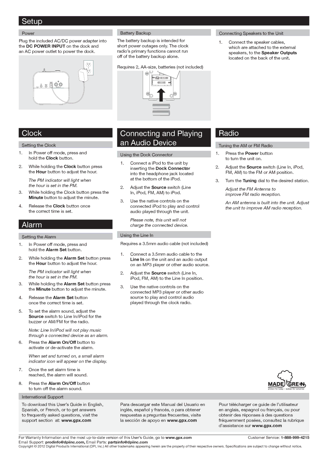 GPX HM102B important safety instructions Setup, Clock, Alarm, Connecting and Playing An Audio Device, Radio 