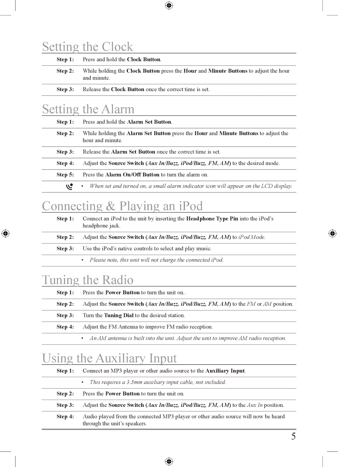 GPX HM109B Setting the Clock, Setting the alarm, Connecting & Playing an iPod, Tuning the Radio, Using the auxiliary Input 