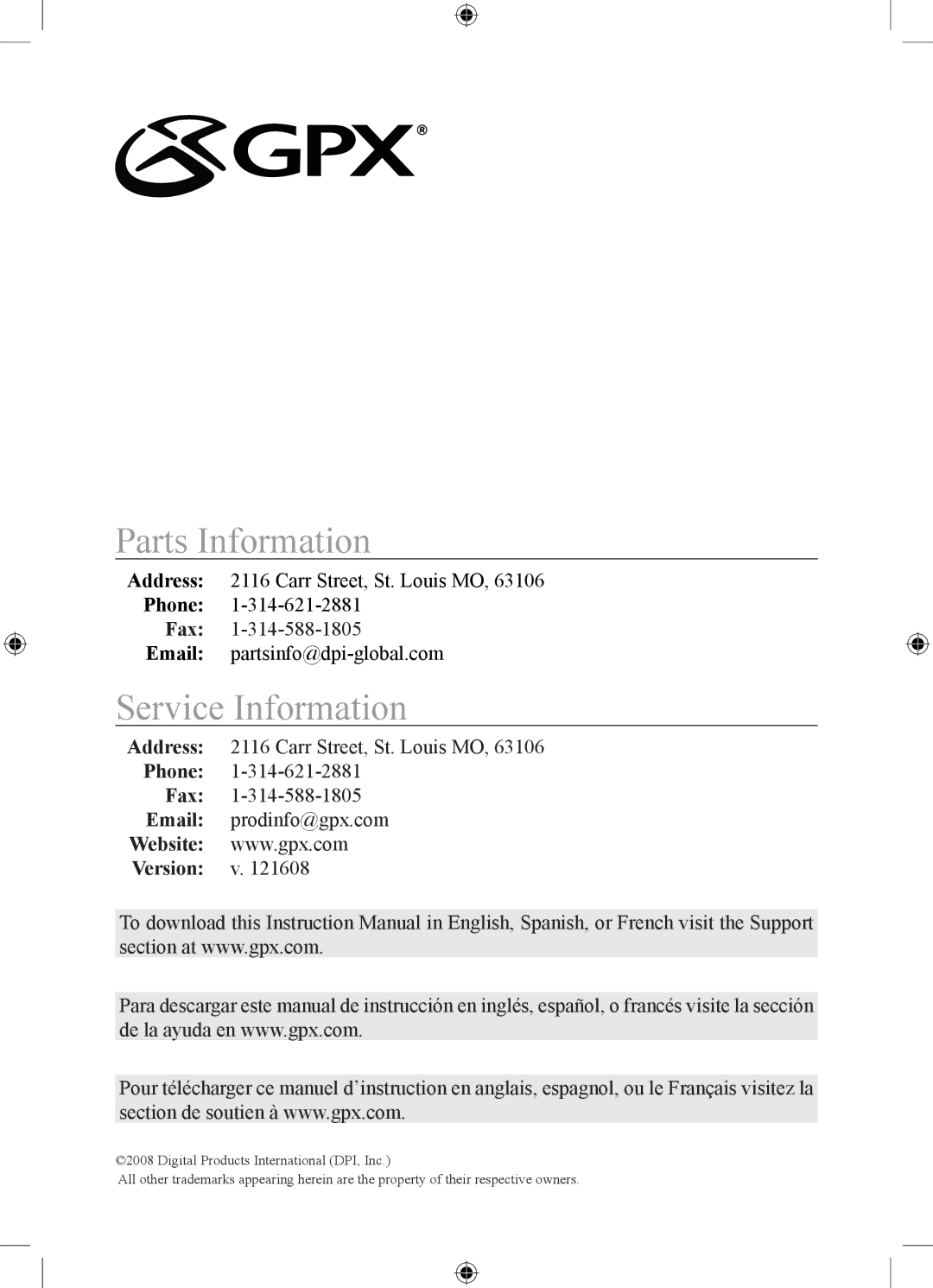 GPX HM109B important safety instructions Parts Information, Service Information 