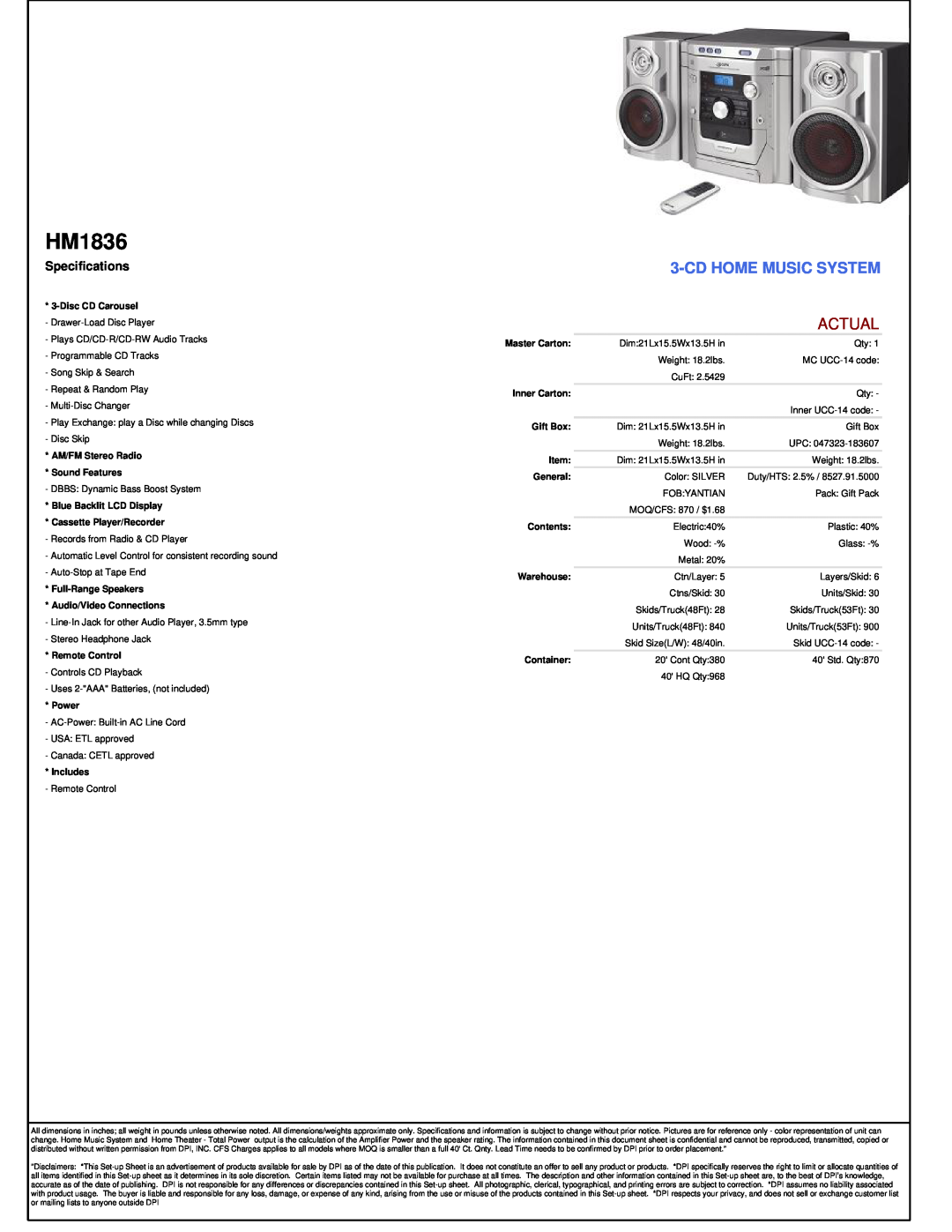 GPX HM1836 manual Cdhome Music System, Actual, Specifications 