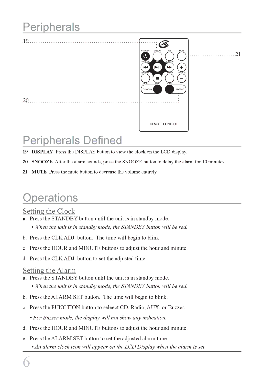 GPX HMD3817DT, HM3817 instruction manual Peripherals Peripherals Defined, Operations, Setting the Clock, Setting the Alarm 