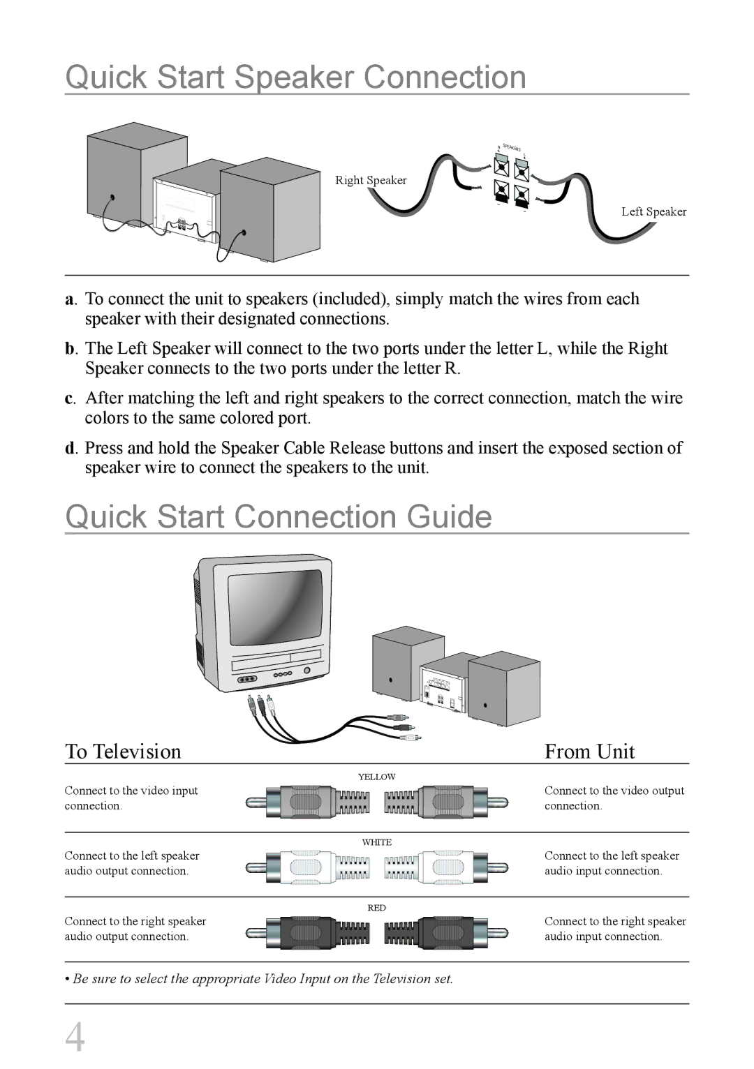 GPX HMD8017DT instruction manual Quick Start Speaker Connection, Quick Start Connection Guide 