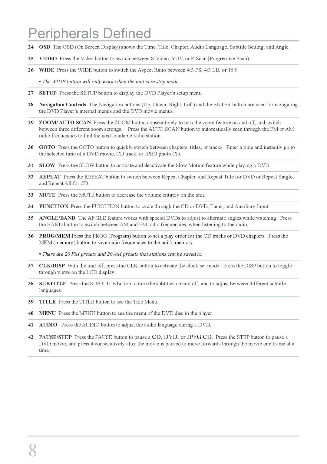 GPX HMD8017DT instruction manual Peripherals Defined, Wide button will only work when the unit is in stop mode 