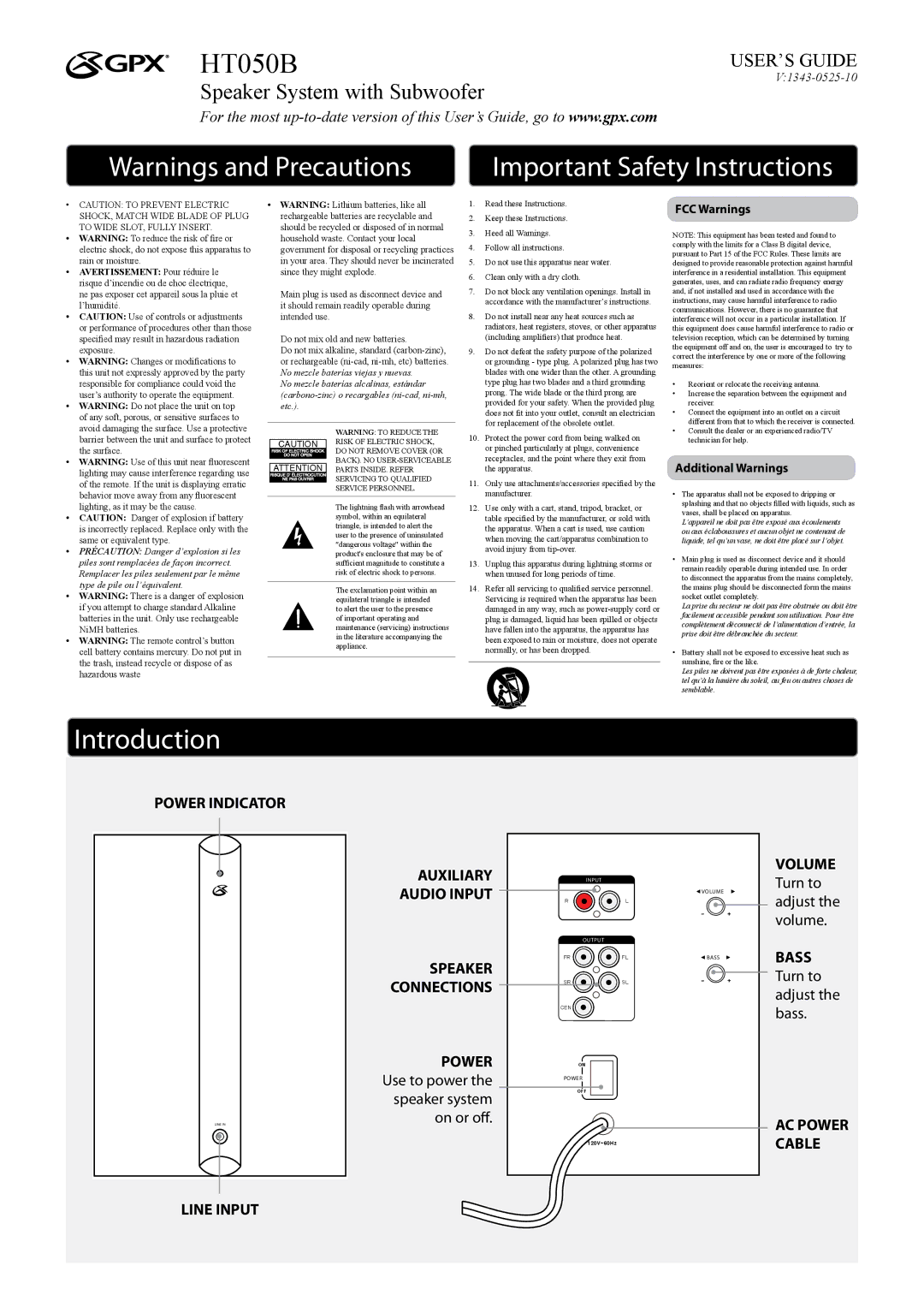 GPX HT050B important safety instructions Important Safety Instructions, Introduction, FCC Warnings, Additional Warnings 