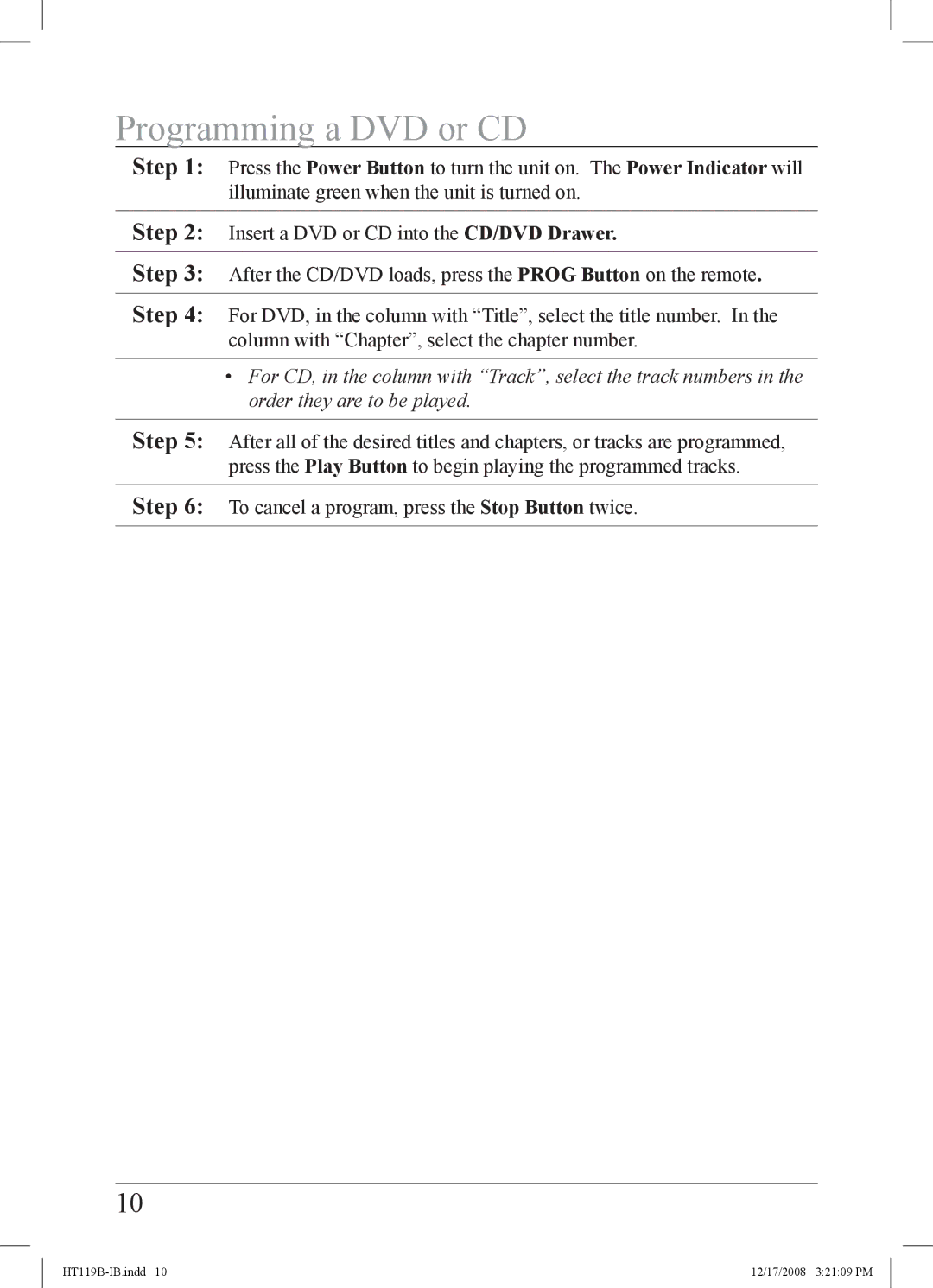 GPX HT119B important safety instructions Programming a DVD or CD 