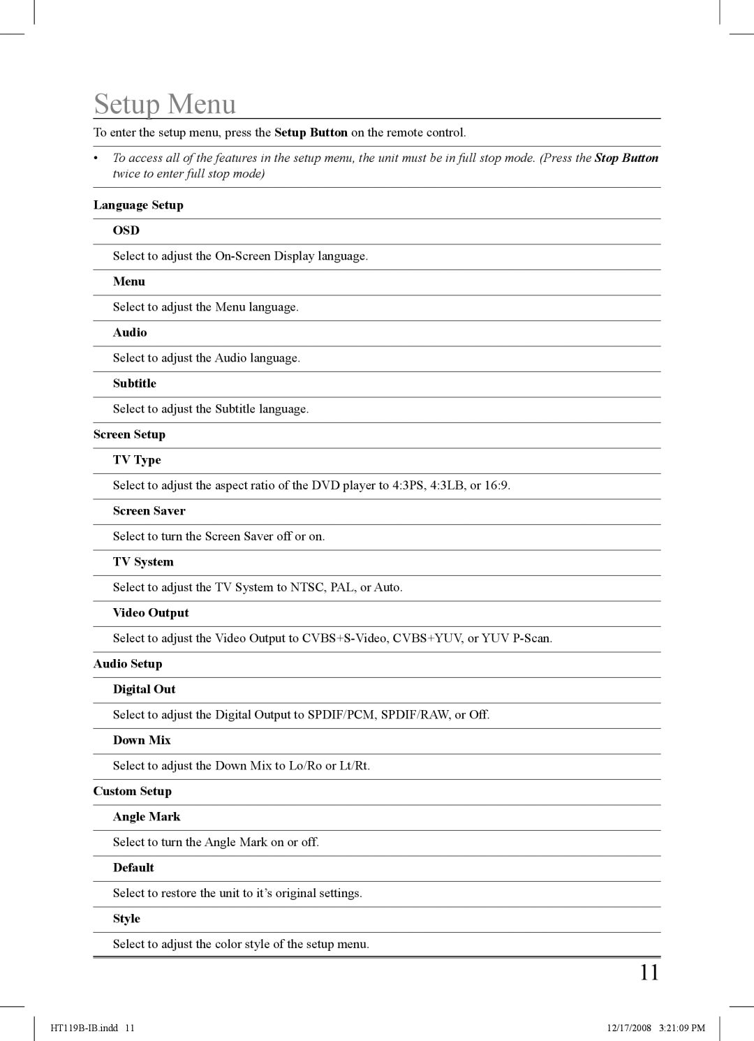 GPX HT119B important safety instructions Setup Menu, Osd 