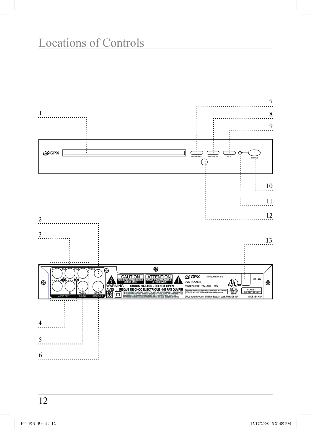 GPX HT119B important safety instructions Locations of Controls 