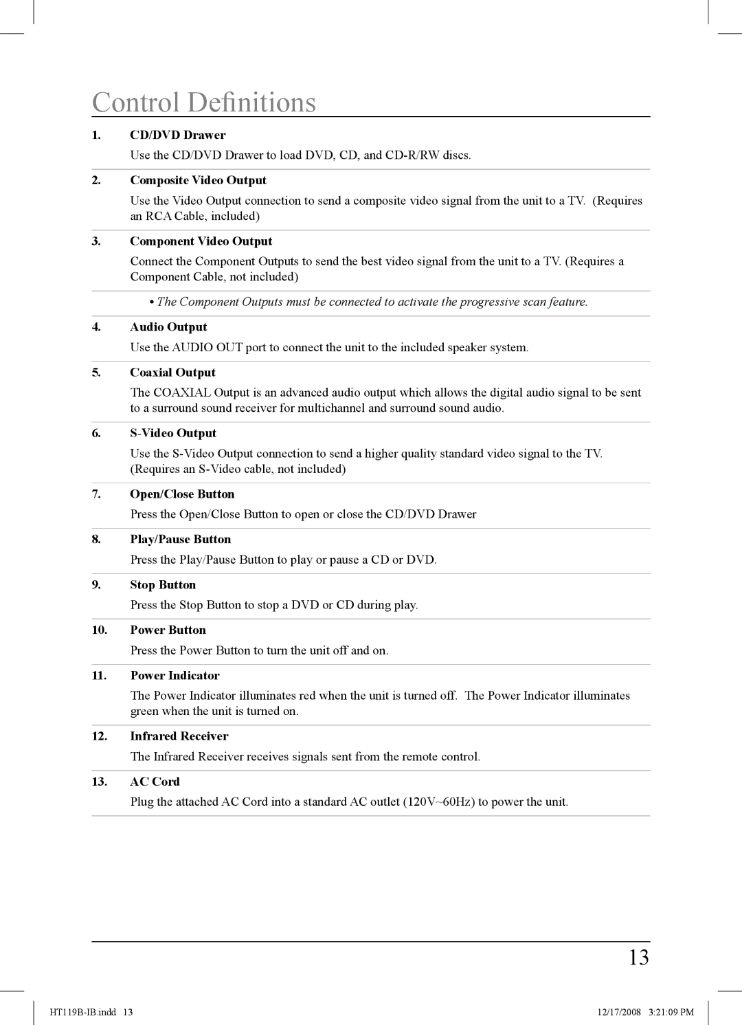 GPX HT119B important safety instructions Control Definitions, Composite Video Output 