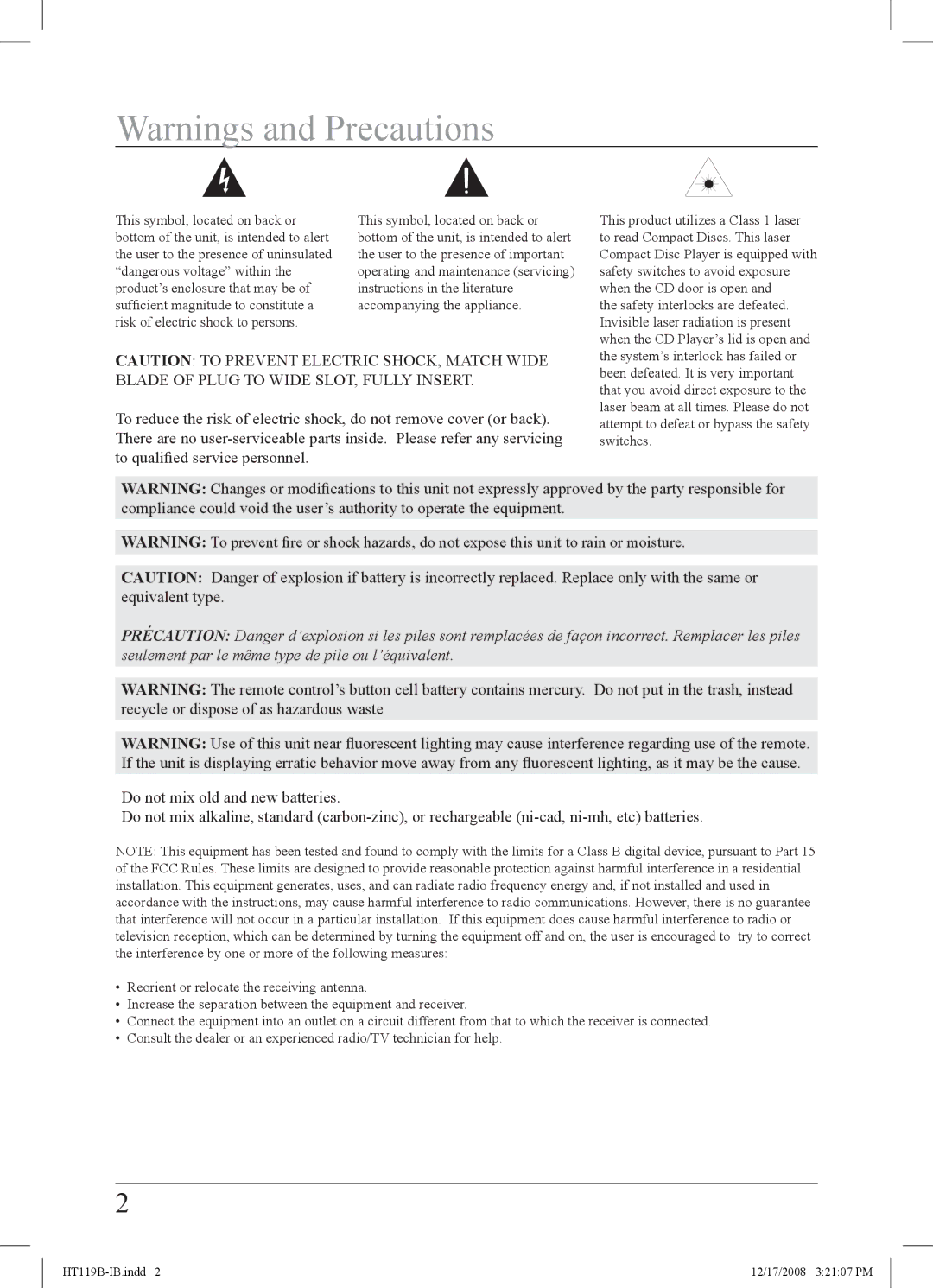 GPX HT119B important safety instructions Bottom of the unit, is intended to alert 