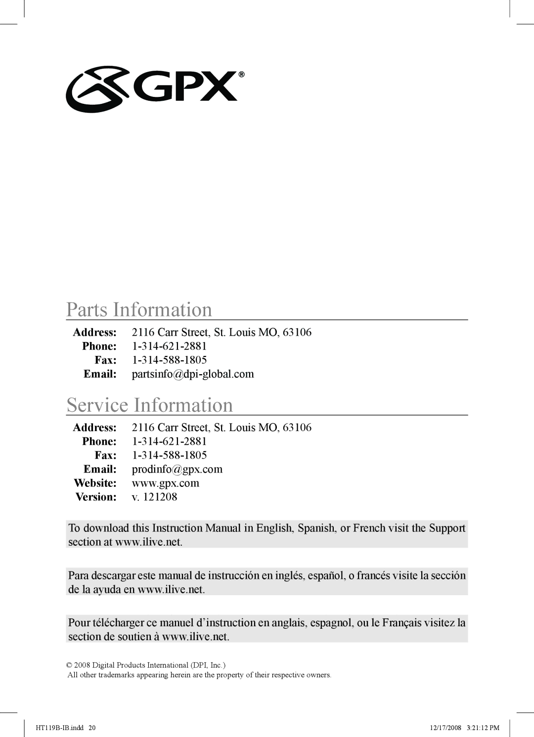 GPX HT119B important safety instructions Parts Information, Service Information 