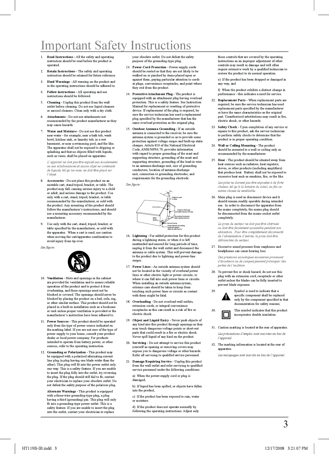 GPX HT119B important safety instructions Important safety Instructions, See figure 