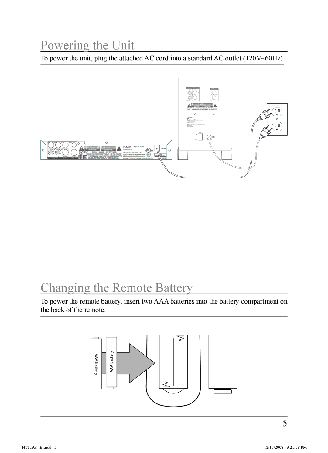 GPX HT119B important safety instructions Powering the Unit, Changing the Remote Battery 