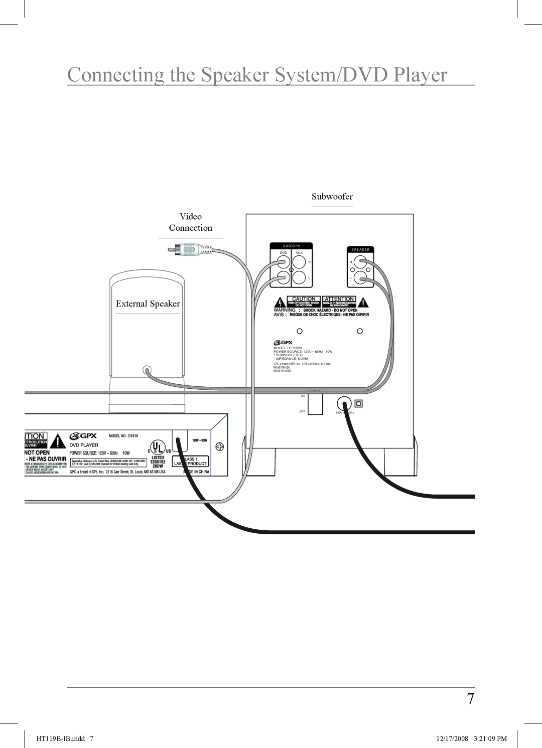 GPX HT119B important safety instructions Subwoofer Video Connection 