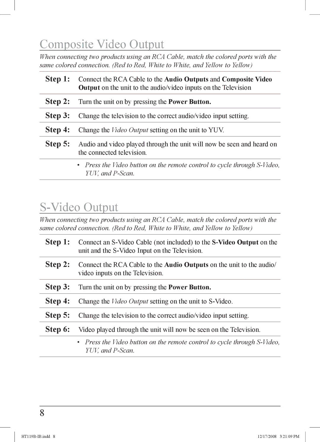 GPX HT119B important safety instructions Composite Video output 