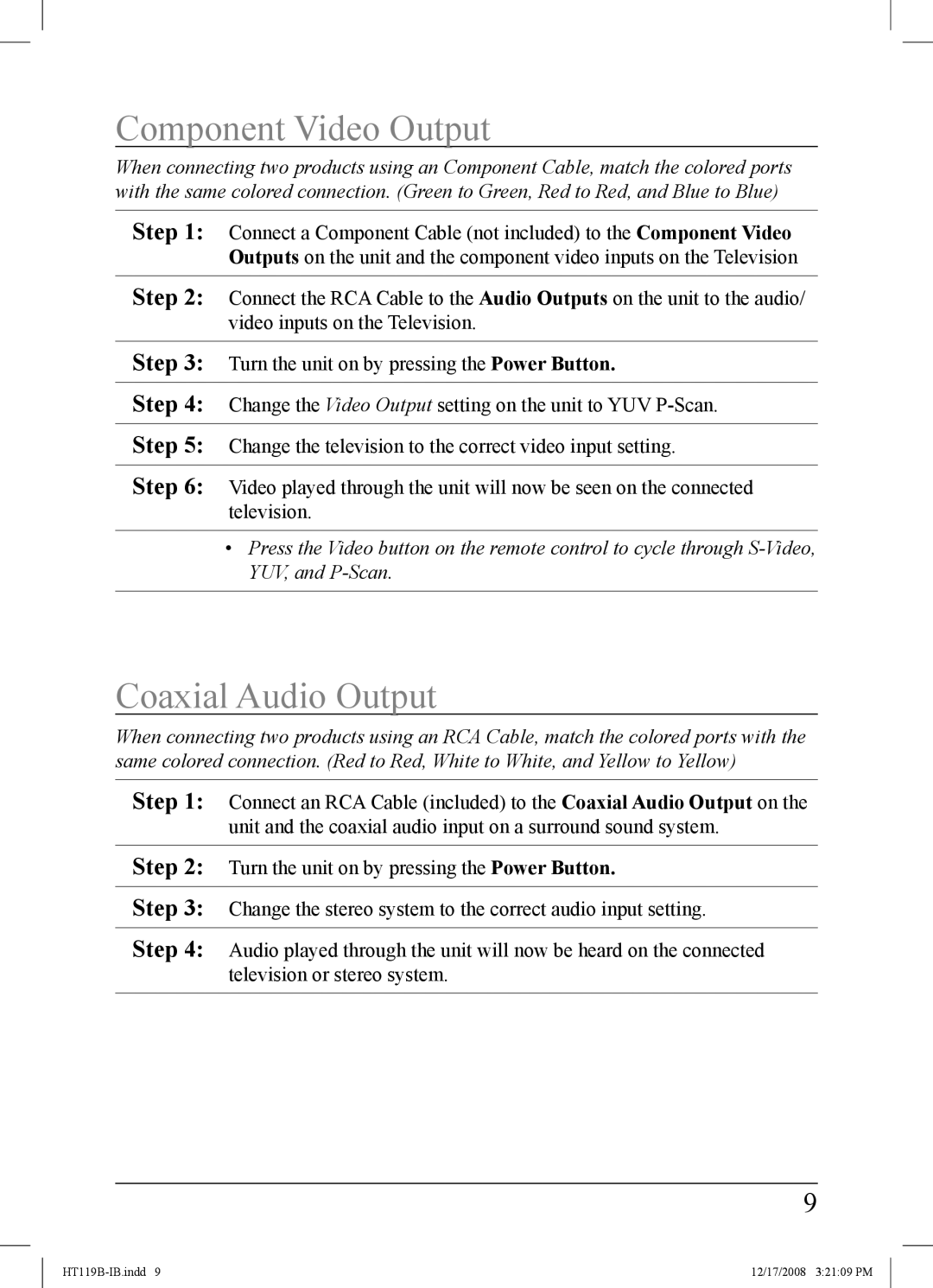 GPX HT119B important safety instructions Component Video output, Coaxial audio output 