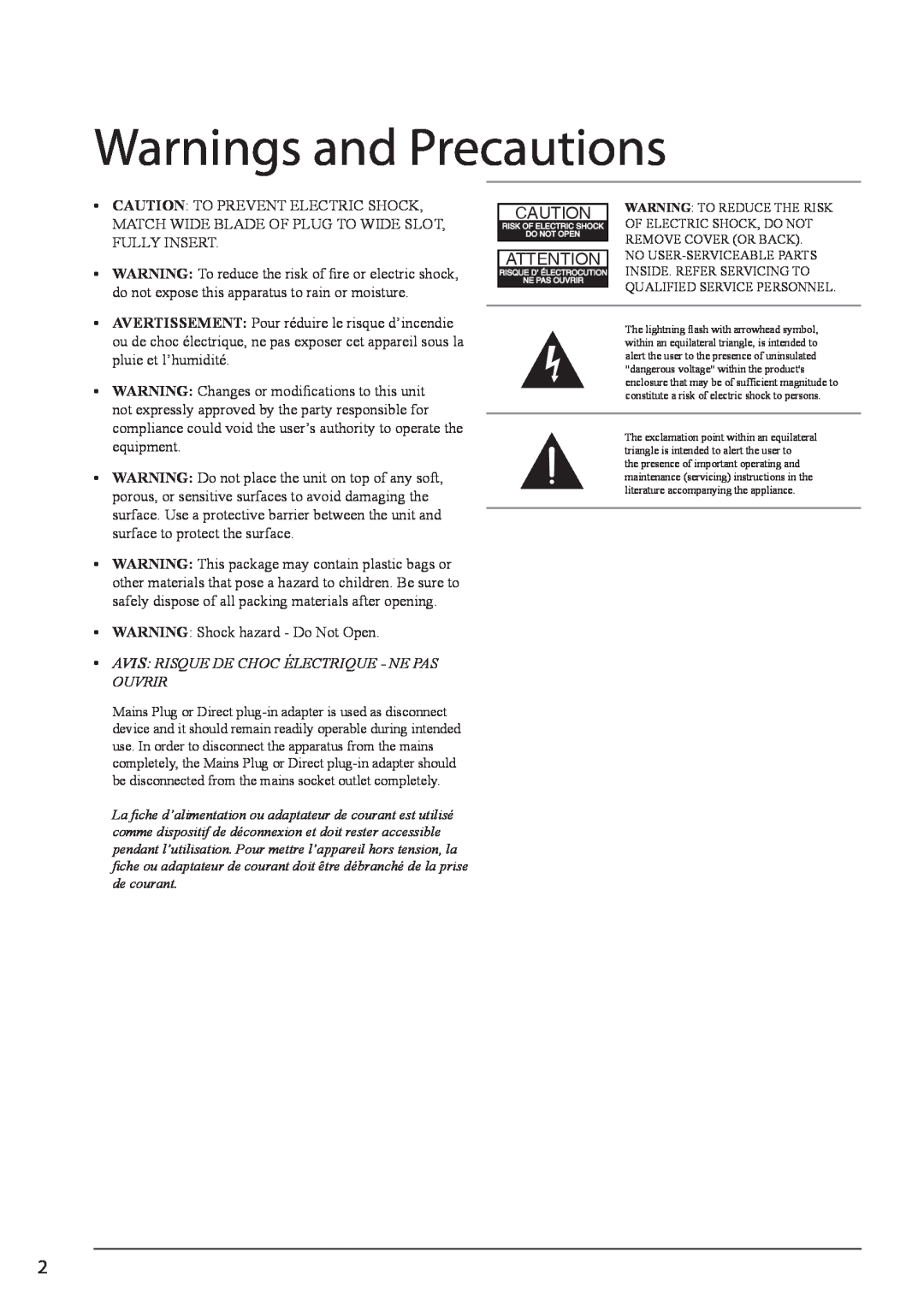 GPX HT12B manual Warnings and Precautions, Avis Risque De Choc Électrique - Ne Pas Ouvrir 