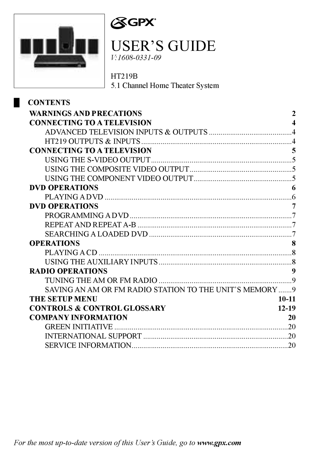 GPX manual USER’S Guide, V1608-0331-09 HT219B Channel Home Theater System 