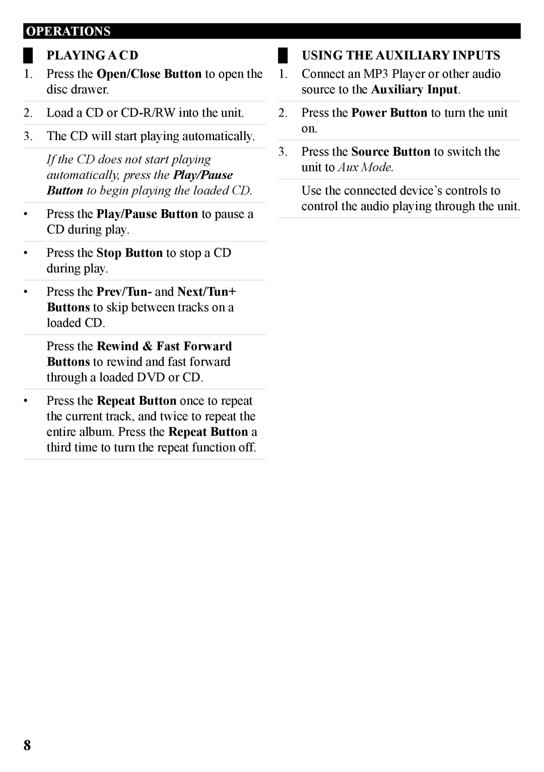 GPX HT219B manual Operations, Playing a CD, Using the Auxiliary Inputs 