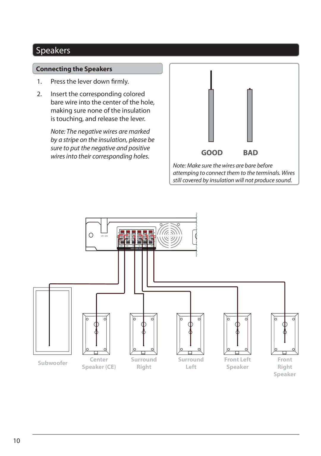 GPX HT362B manual Connecting the Speakers, Press the lever down firmly 