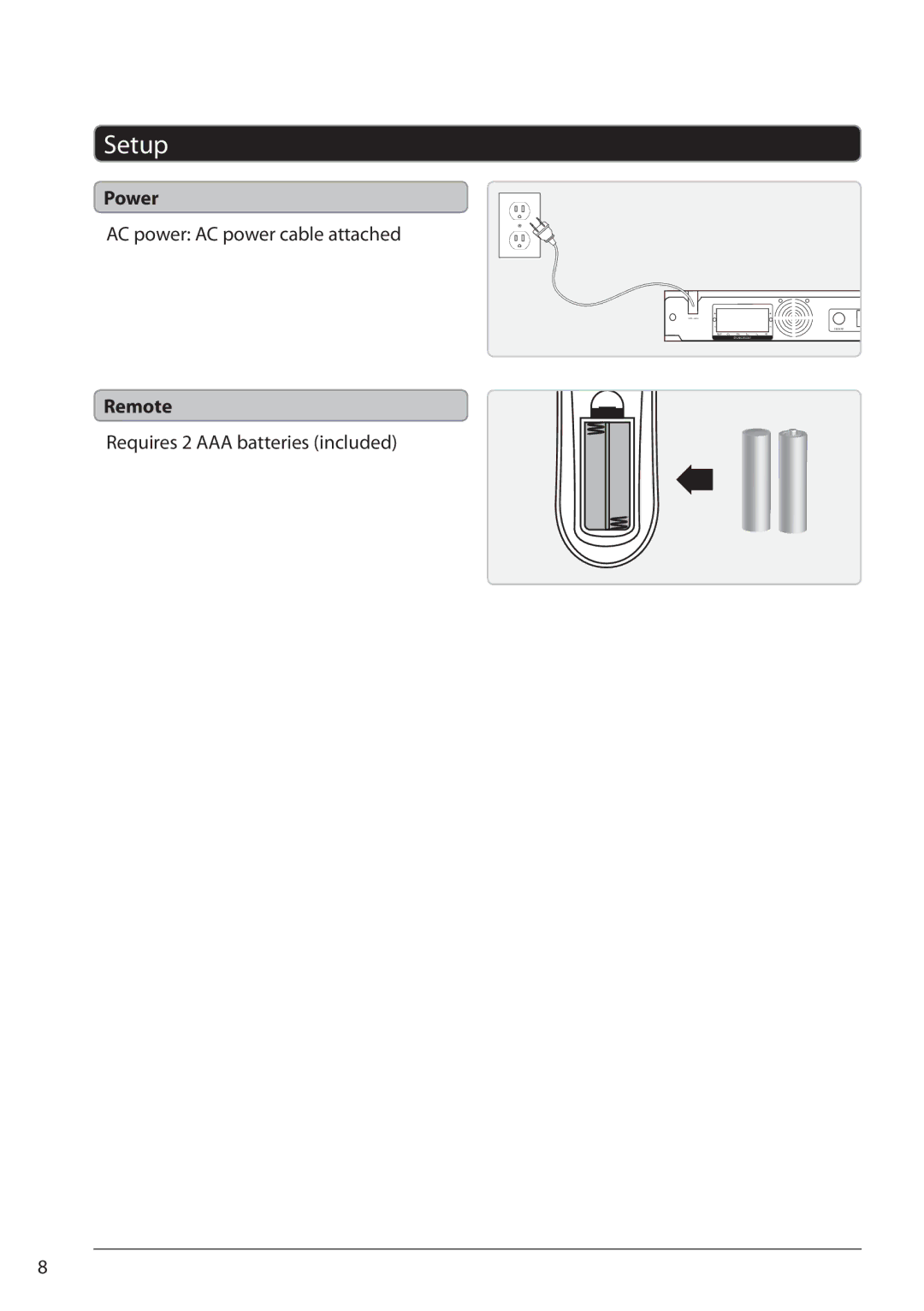 GPX HT362B manual Setup, Power, AC power AC power cable attached, Remote, Requires 2 AAA batteries included 