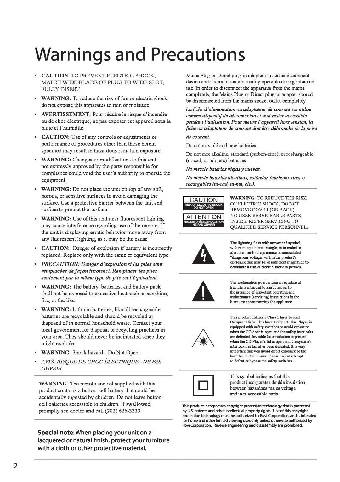 GPX HT362B manual Warnings and Precautions, Avis Risque De Choc Électrique - Ne Pas Ouvrir, de courant 