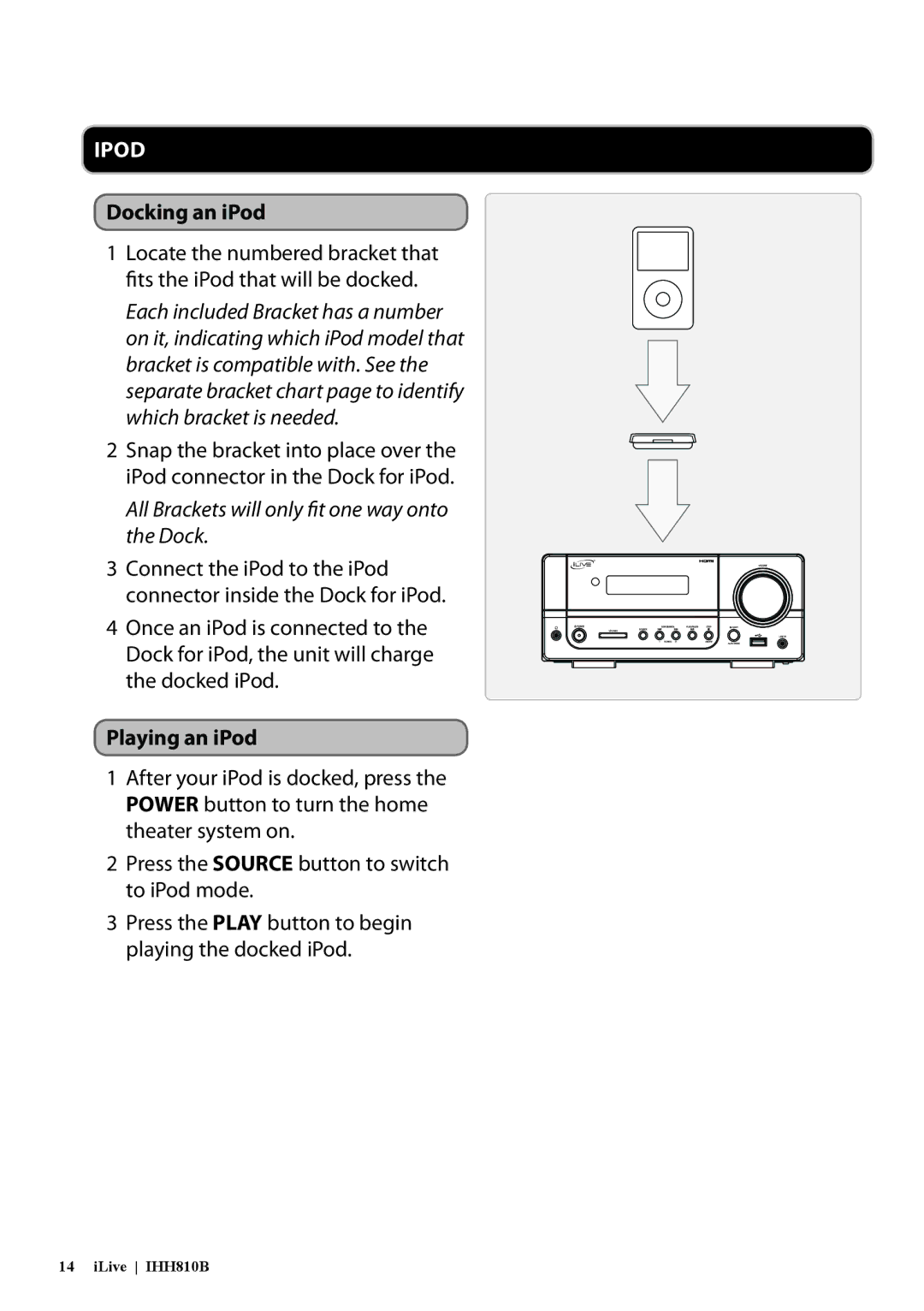 GPX IHH810B manual Docking an iPod, Playing an iPod 