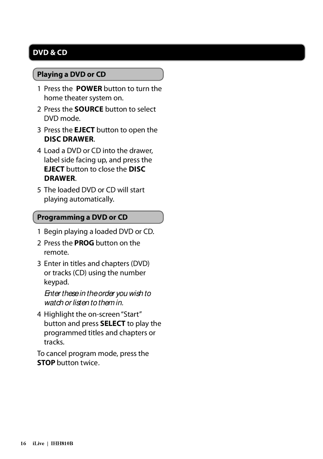 GPX IHH810B manual Playing a DVD or CD, Programming a DVD or CD 