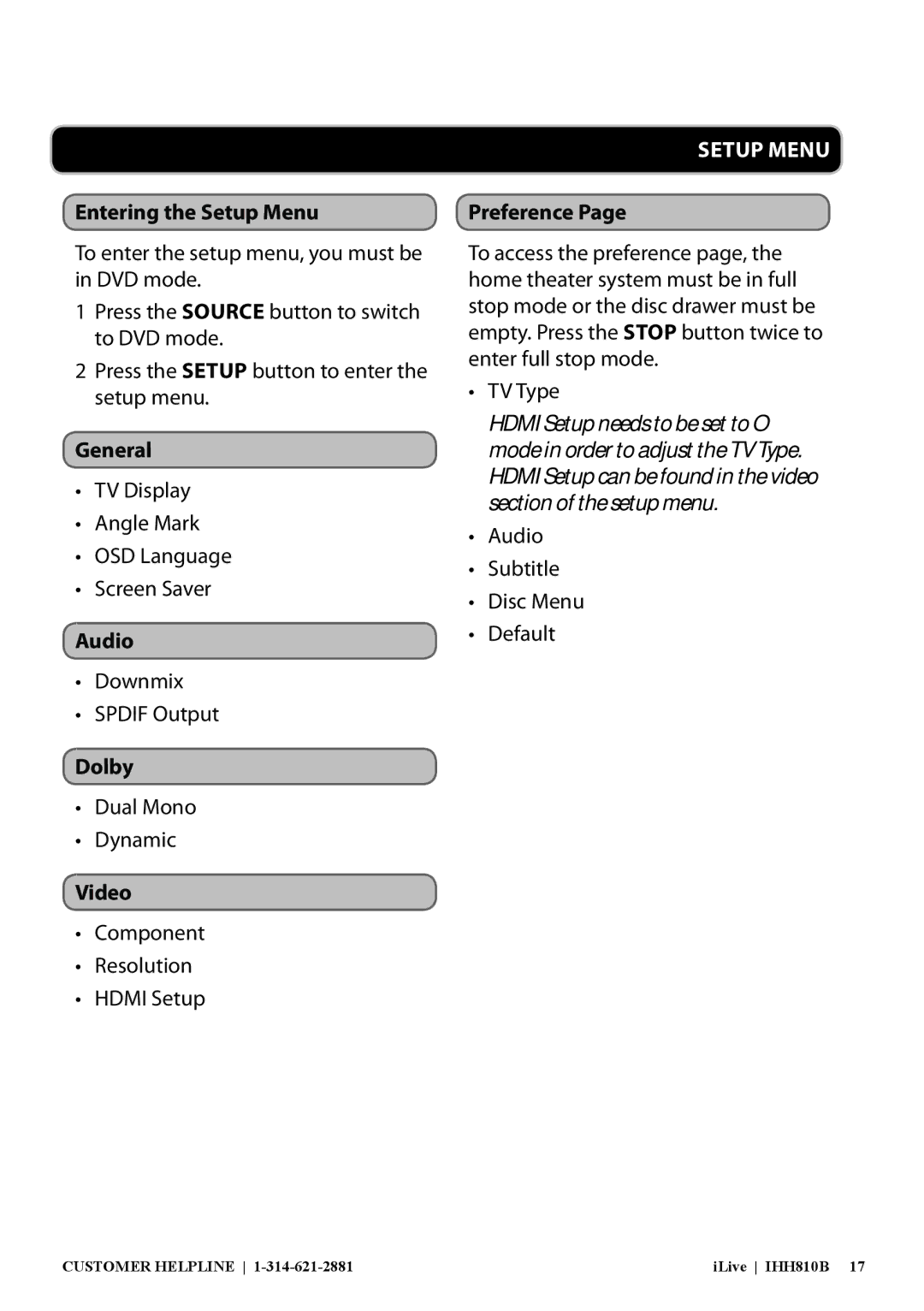 GPX IHH810B manual Entering the Setup Menu, General, Audio, Dolby, Video, Preference 