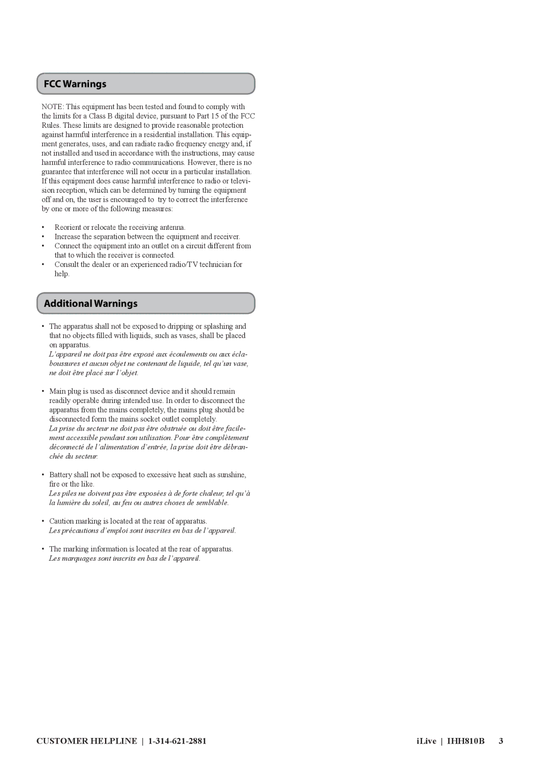 GPX IHH810B manual FCC Warnings 