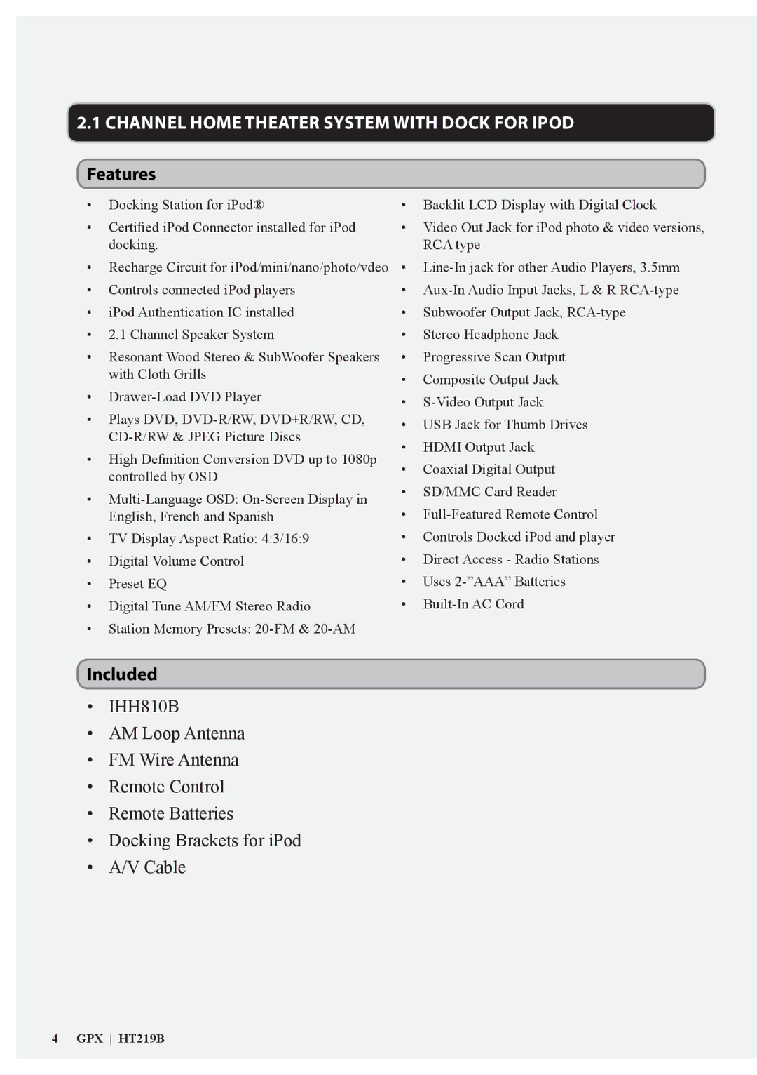 GPX IHH810B manual Features, Included 