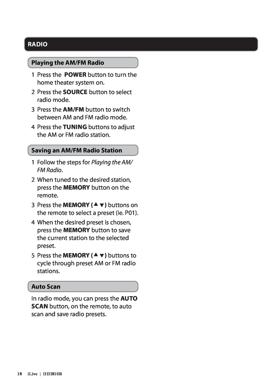 GPX IHH810B manual Playing the AM/FM Radio, Saving an AM/FM Radio Station, Auto Scan 