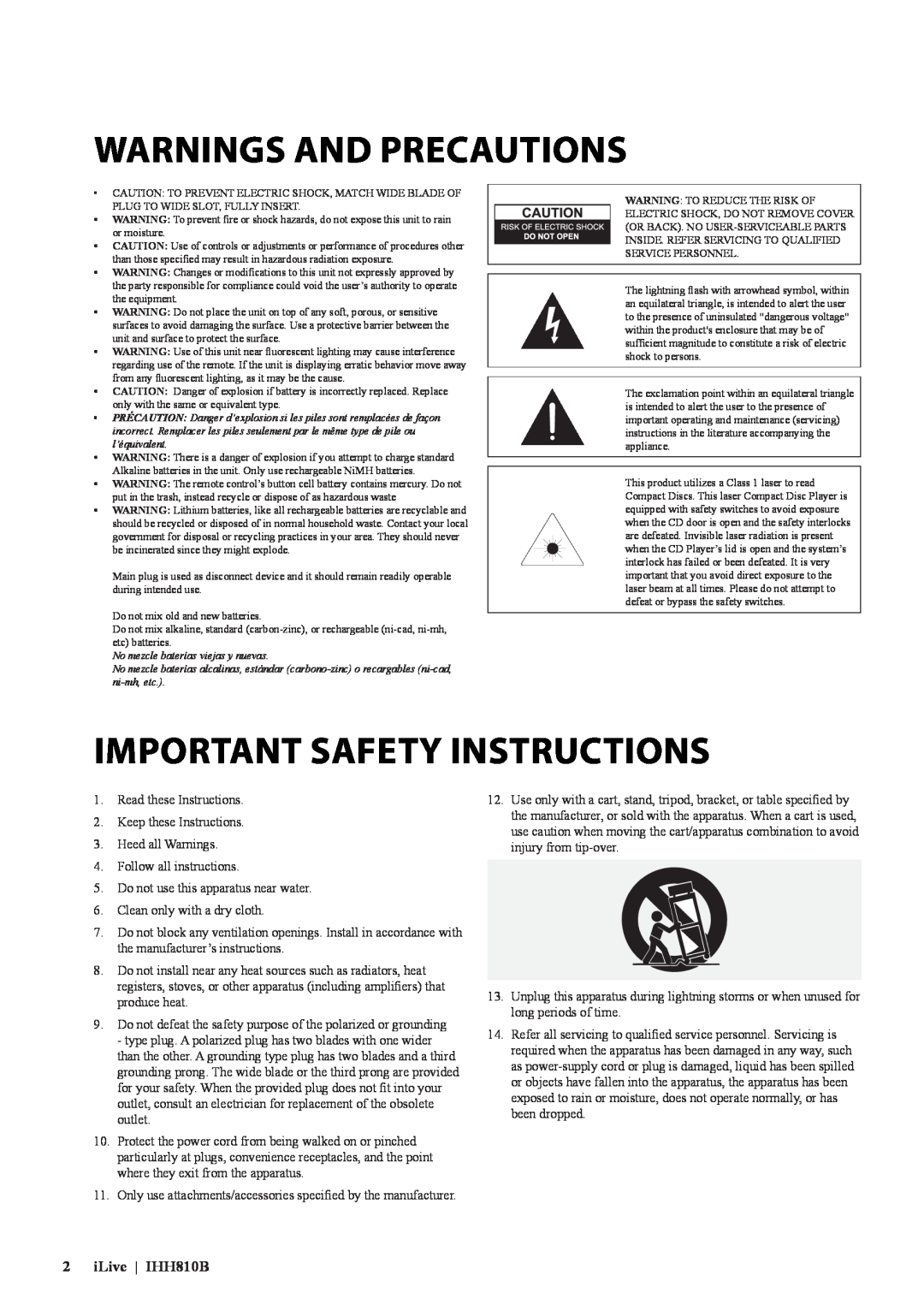 GPX manual Warnings And Precautions, Important Safety Instructions, iLive IHH810B 