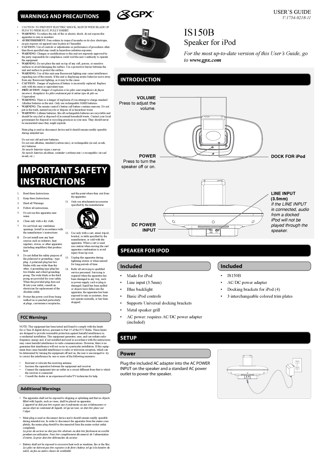 GPX IS150B important safety instructions Included, Power 