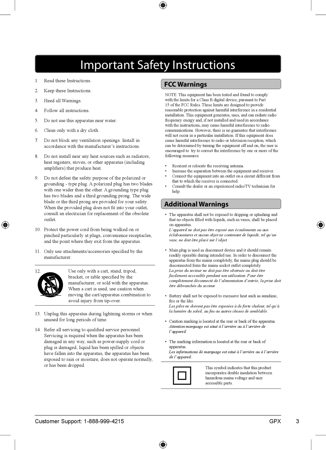 GPX 1618-0610-10, J100S manual FCC Warnings, Additional Warnings 