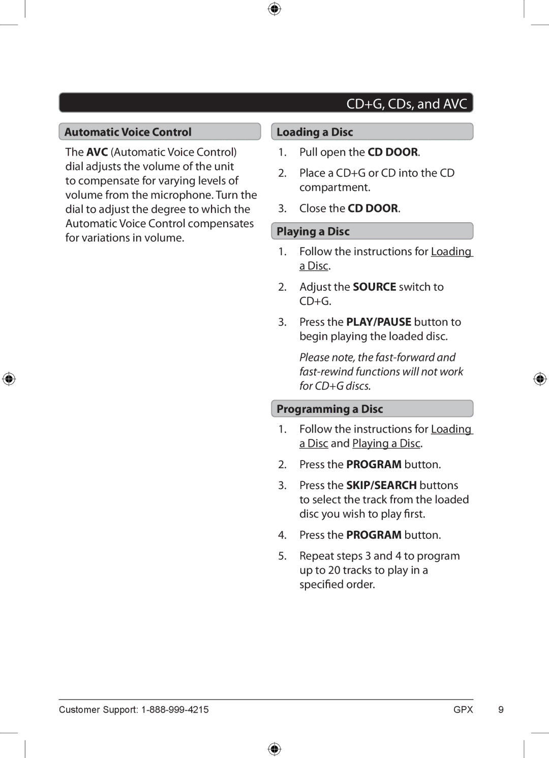GPX 1618-0610-10, J100S CD+G, CDs, and AVC, Automatic Voice Control, Loading a Disc, Playing a Disc, Programming a Disc 