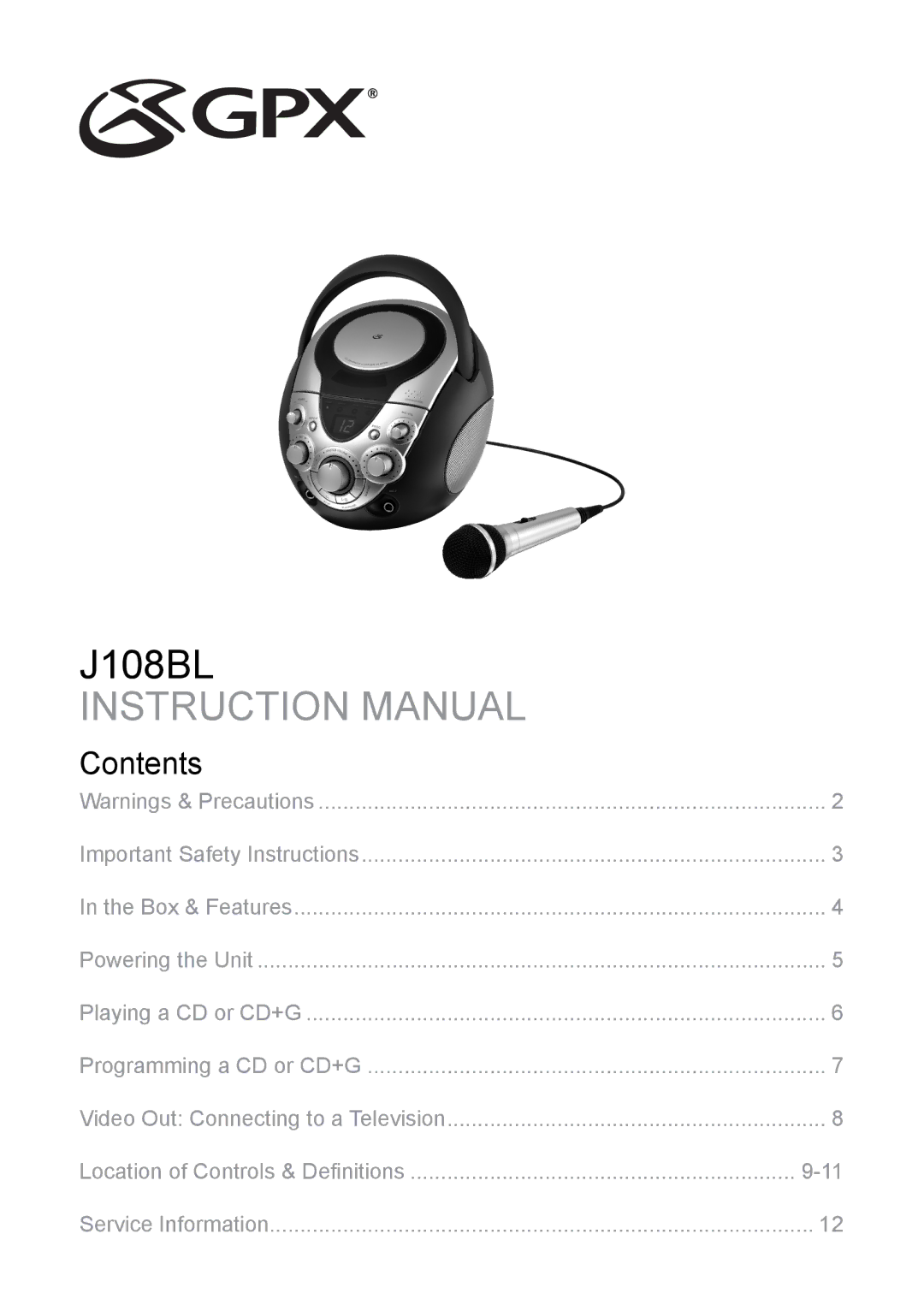 GPX J108BL important safety instructions Contents 