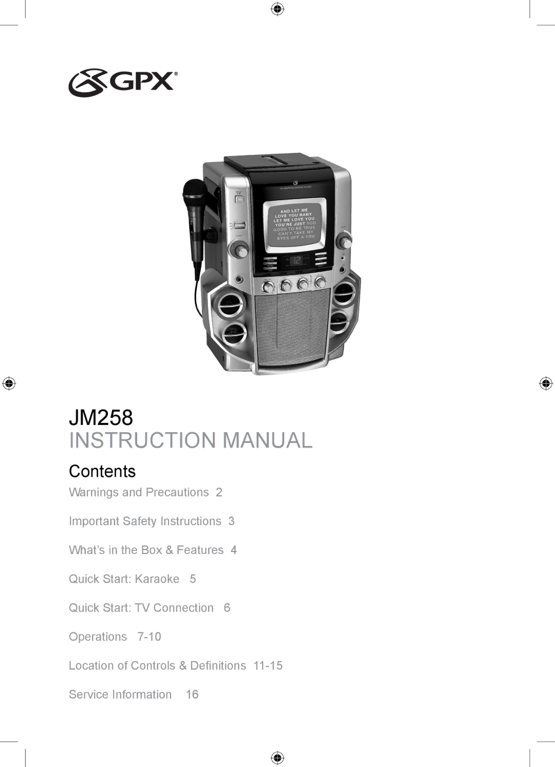 GPX jm258 important safety instructions JM258 