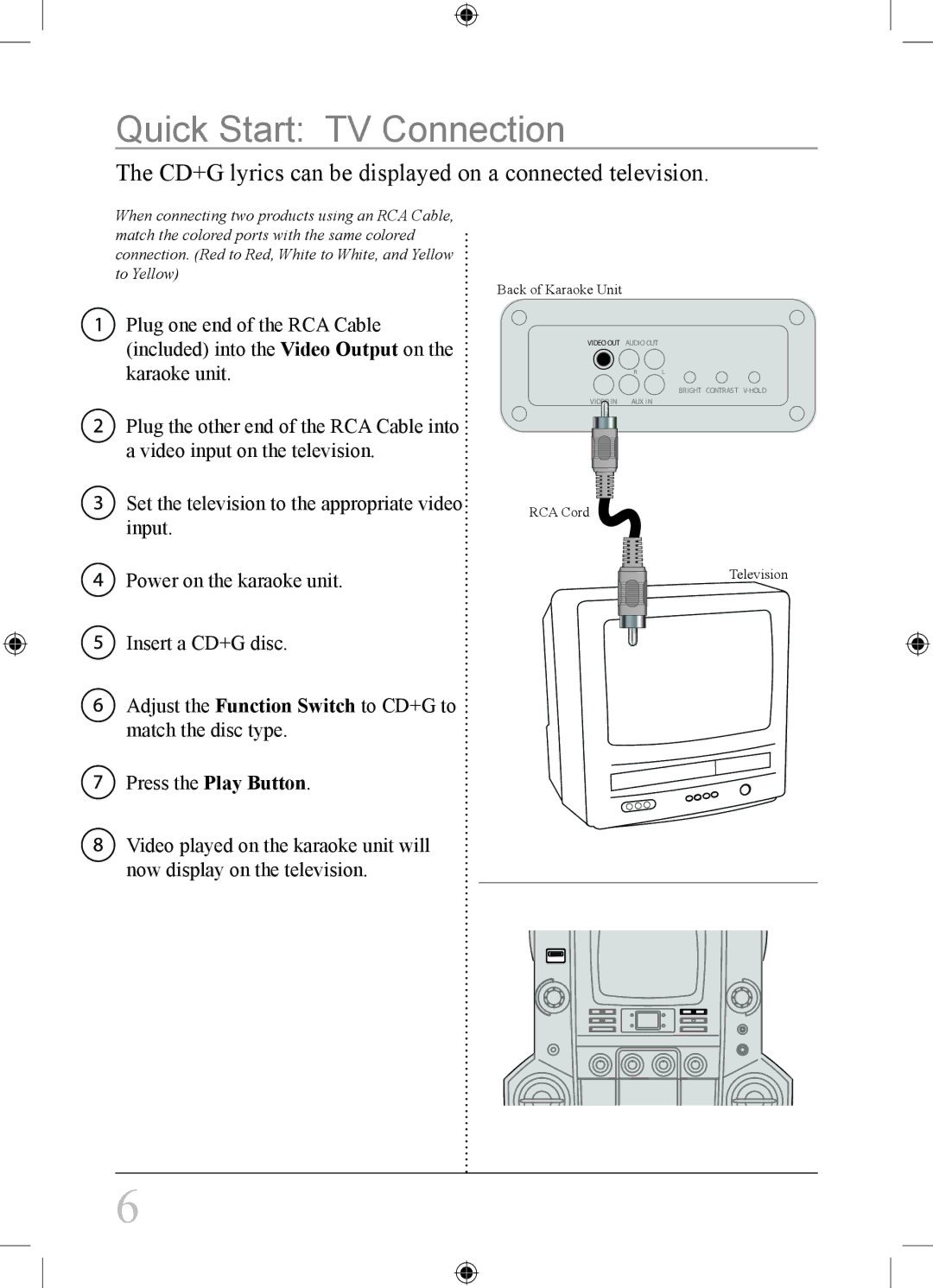 GPX jm258 important safety instructions Quick Start TV Connection, CD+G lyrics can be displayed on a connected television 