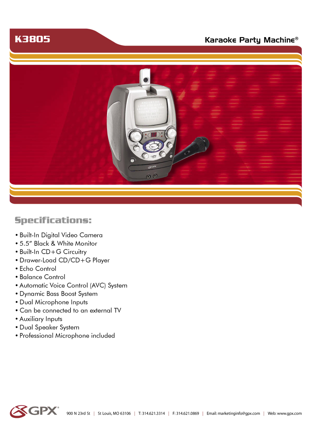 GPX K3805 manual Specifications 