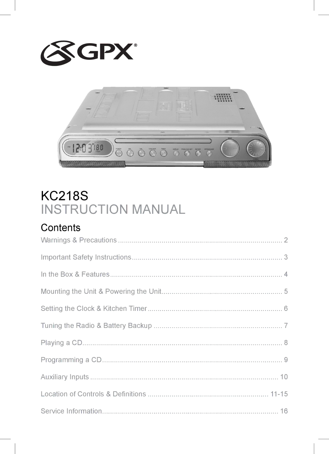 GPX KC218S important safety instructions Contents 