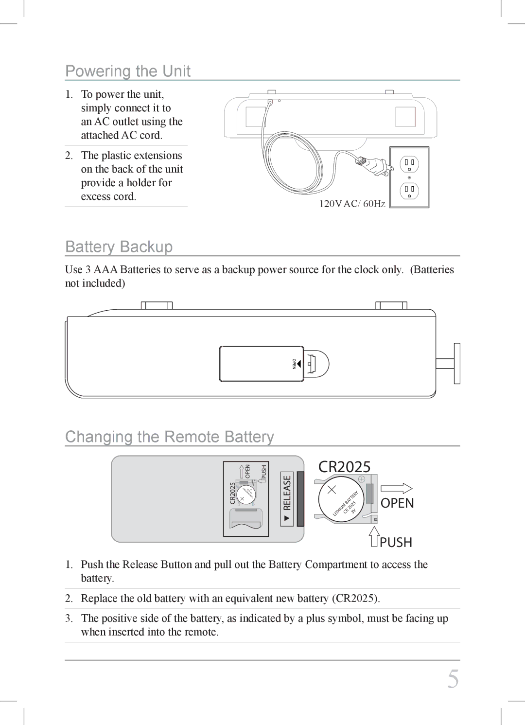 GPX KC218S important safety instructions Powering the Unit, Battery Backup, Changing the Remote Battery 