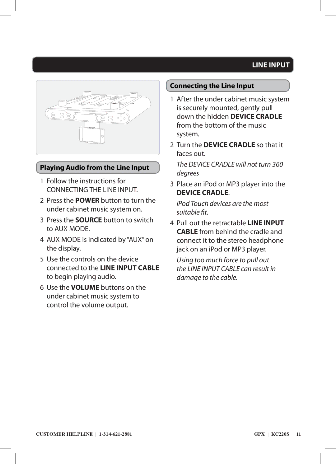 GPX KC220S manual Playing Audio from the Line Input, Connecting the Line Input, Turn the Device Cradle so that it faces out 